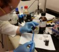 Dale Karas carefully works with chemicals in a lab