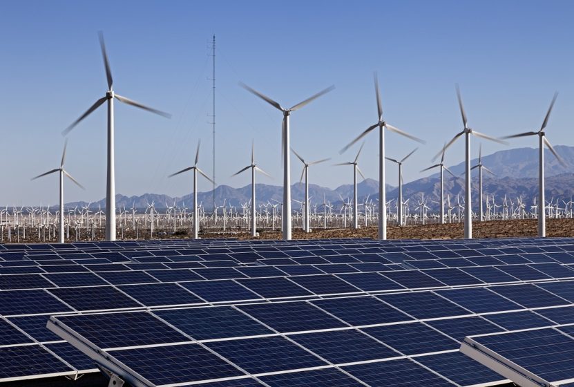 A field of solar panels and wind turbines