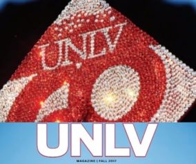 A graduation cap decorated with scarlet and gray sequins which spell out 'UNLV 60'