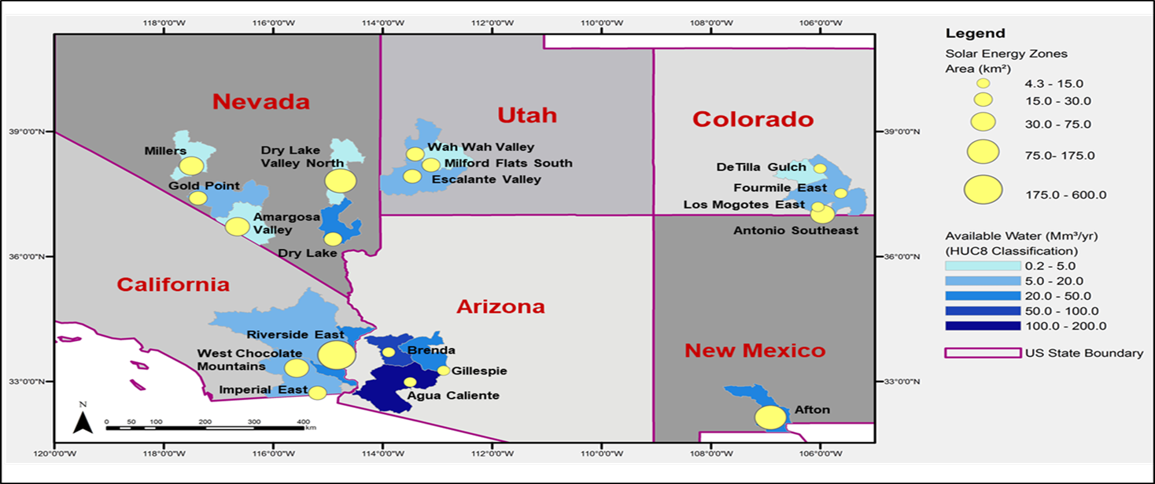 A chart illustrating the 19 solar energy zones and water availability in the six southwestern States